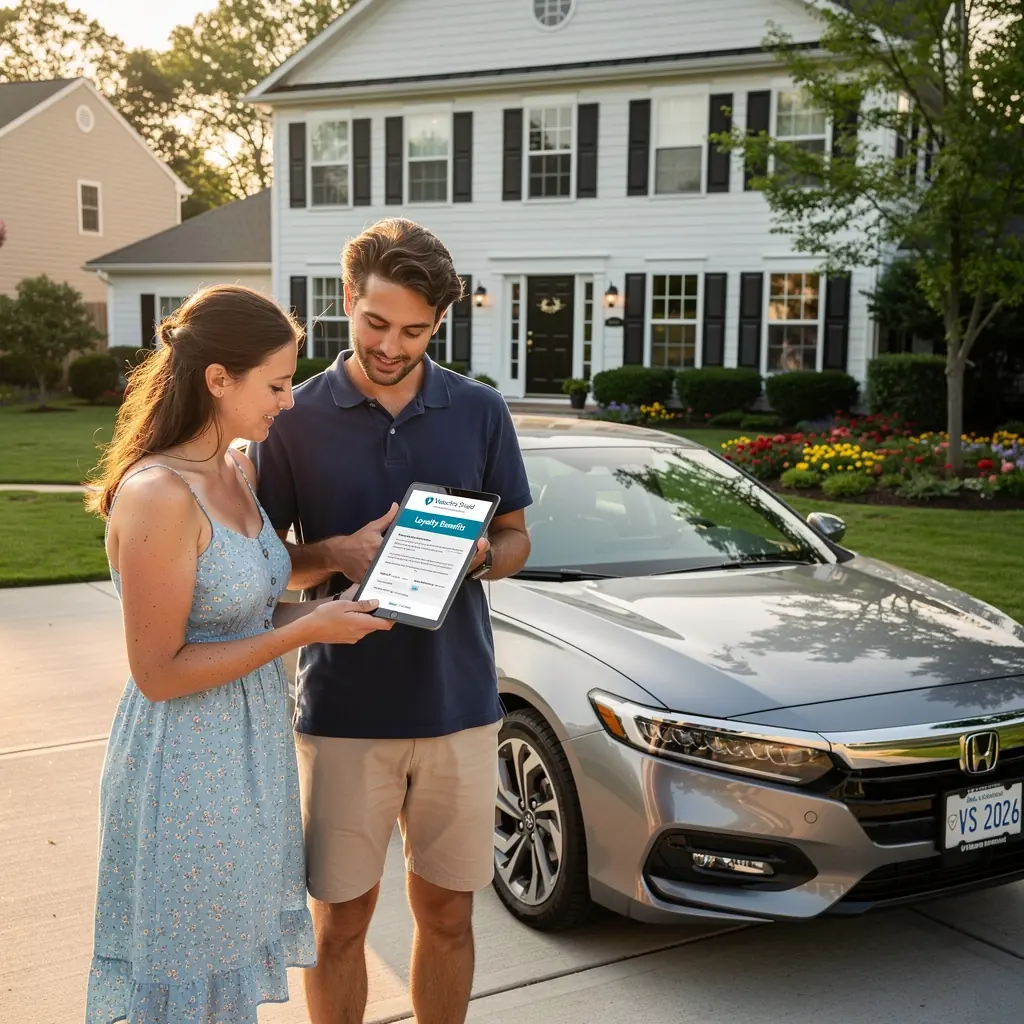 Znak drogowy informujący o bezpieczeństwie na drodze z logo ubezpieczeniowym w tle.