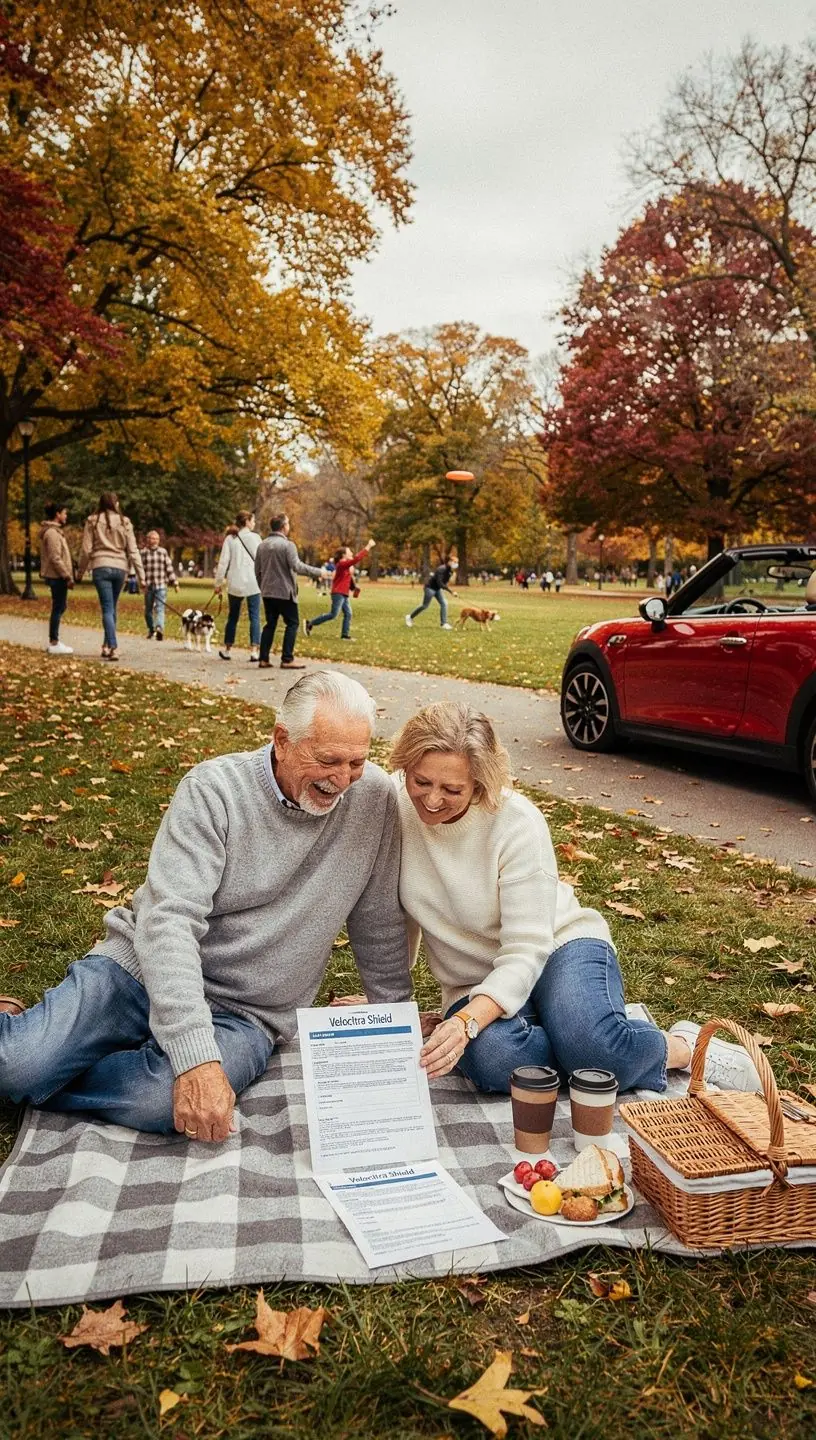 Polski samochód z ubezpieczeniem na tle miejskiego krajobrazu.