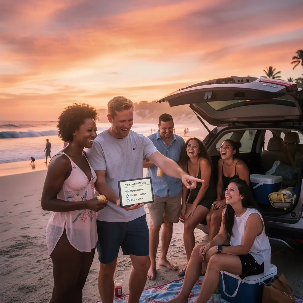 Ubezpieczenie samochodowe z pełną ochroną, przedstawiające nowoczesny pojazd zaparkowany na tle pięknego krajobrazu.